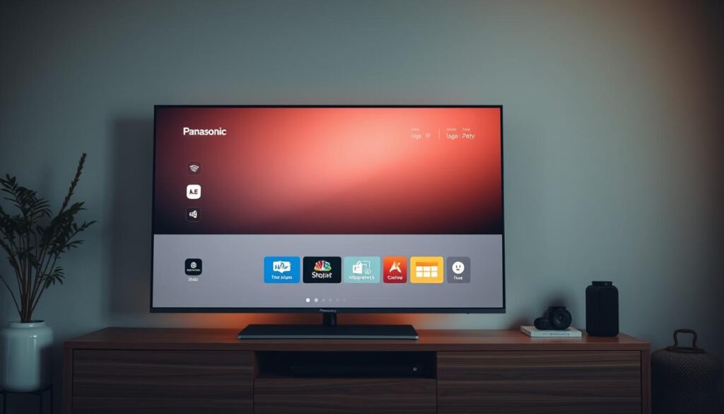 A Panasonic smart TV displaying the IPTV interface, showcasing a clean and intuitive user experience. The TV is placed on a modern wooden entertainment stand, with minimalist decor and warm lighting creating a cozy ambiance. The screen displays a crisp, high-definition image of the IPTV menu, highlighting its seamless integration and user-friendly navigation. The TV's sleek, borderless design complements the overall sophisticated and technology-forward aesthetic. The scene evokes a sense of effortless connectivity and entertainment within a refined, living room setting.