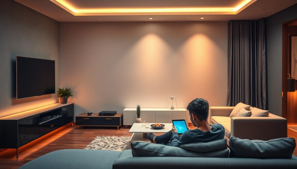 A beautifully designed room with sleek, modern furniture and a large flat-screen TV mounted on the wall. The room is bathed in warm, ambient lighting, creating a cozy and inviting atmosphere. In the foreground, a person sits on a comfortable couch, intently focused on a tablet or smartphone, showcasing the ease and convenience of IPTV. The middle ground features a minimalist entertainment center with various media devices, highlighting the advanced technology behind the IPTV service. The background depicts a serene, minimalist home environment, emphasizing the cost-saving benefits of IPTV. The overall scene conveys a sense of sophistication, simplicity, and financial responsibility.