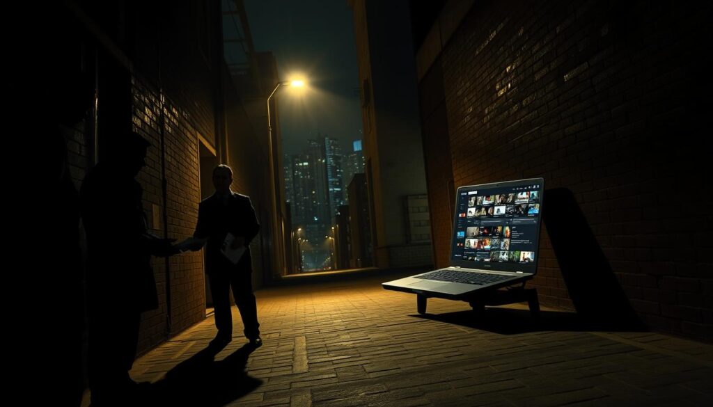 A dark, ominous alleyway at night, dimly lit by a solitary streetlight casting long shadows. In the foreground, a group of shady figures exchange cash and devices, the transaction obscured by shadows. In the middle ground, a laptop screen flickers with an array of IPTV streaming channels, a tangled web of illicit content. The background ominously fades into a maze of towering buildings, signifying the hidden dangers and legal risks of this underground world. The scene conveys a sense of unease, danger, and the consequences of engaging in illegal streaming activities.