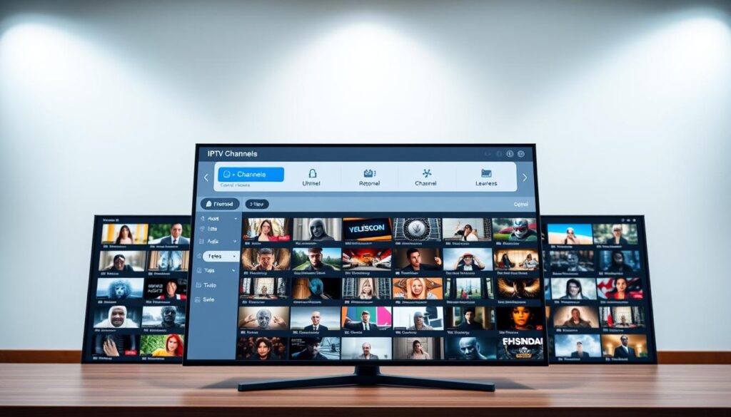 A detailed IPTV channel management interface with a sleek, minimalist design. The foreground features a central dashboard displaying various channel categories, with buttons and toggles for adding, removing, and rearranging channels. The middle ground showcases a grid of channel thumbnails, each with a title and live preview. The background has a neutral, blurred gradient, allowing the interface elements to stand out. The lighting is soft and diffused, creating a professional, technological atmosphere. The camera angle is slightly elevated, providing an overview of the comprehensive IPTV channel management system.