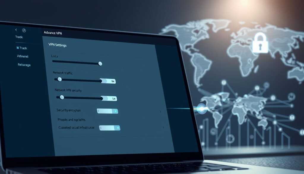 A detailed technical illustration of advanced VPN settings. In the foreground, a laptop screen displays a configuration panel with sliders, toggles, and dropdown menus for customizing VPN protocols, encryption, and other advanced options. The middle ground features a graphic representation of network traffic securely flowing through the VPN tunnel, with elegant data visualizations. In the background, a minimalist schematic of global internet infrastructure hints at the interconnected nature of modern online security. The scene is rendered in a clean, technical style with muted colors and subtle ambient lighting, conveying a sense of professionalism and expertise.