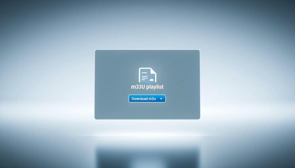 A detailed user interface display showing the steps to download an m3u playlist. In the foreground, a window or web browser application with a prominent "Download m3u" button or link, positioned centrally and illuminated with soft, natural lighting. In the middle ground, a visual representation of the m3u file, such as a file icon or a schematic diagram, conveying its purpose and functionality. The background features a minimalist, clean design with subtle gradients or textures, creating a professional and informative atmosphere. The overall composition should emphasize the simplicity and ease of downloading an m3u playlist, reflecting the section title "Hoe Download en Gebruik Je een m3u Playlist?".