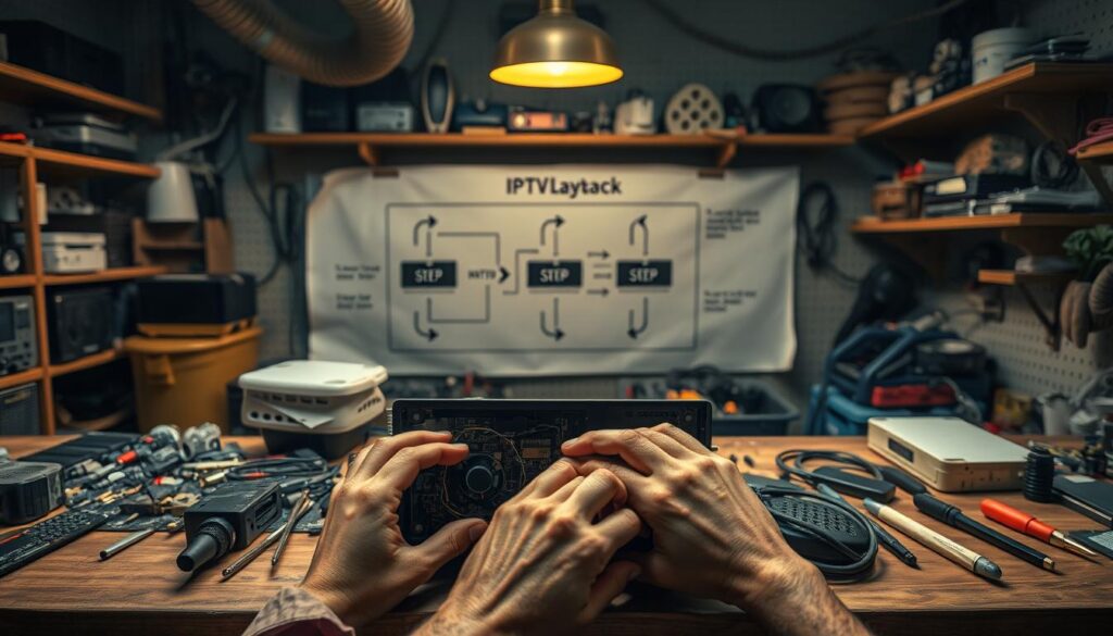 A dimly lit, industrial-style workshop with an array of electronic devices and tools strewn across a workbench. In the foreground, a pair of hands carefully disassembling a broken IPTV set-top box, exposing its intricate components. The middle ground showcases a step-by-step diagram illustrating the troubleshooting process, with arrows and labels guiding the viewer through the repair. The background features a wall adorned with shelves holding spare parts and diagnostic equipment, creating a sense of a methodical, organized workspace dedicated to resolving IPTV playback issues. Warm, focused lighting highlights the hands and the repair process, conveying a sense of diligence and problem-solving.
