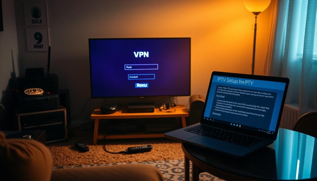 A dimly lit living room with a Roku TV at the center, displaying a VPN connection screen. The TV is surrounded by various streaming devices, remote controls, and a tangled web of cables. The room is bathed in a soft, warm glow, creating a cozy atmosphere. On a side table, a laptop is open, displaying information about IPTV setup and configuration. The overall scene conveys the practical and technical aspects of using a VPN to access IPTV content on a Roku TV.