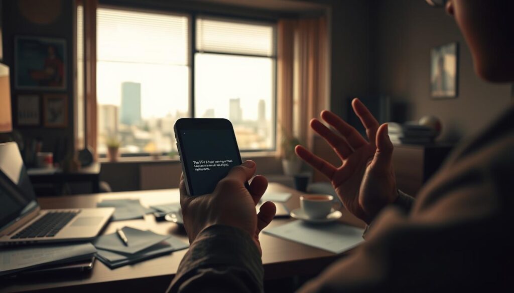 A dimly lit office workspace, a person troubleshooting an iPhone displaying IPTV content. In the foreground, the iPhone screen shows a buffering or error message, with the user's hands gesturing in frustration. The middle ground features a desk with scattered papers, a laptop, and a cup of coffee, creating a sense of a busy, problem-solving environment. The background subtly depicts a window overlooking a cityscape, hinting at the broader context of the IPTV service. Soft, warm lighting casts a pensive mood, while the composition emphasizes the user's focus on resolving the IPTV issue on the iPhone.