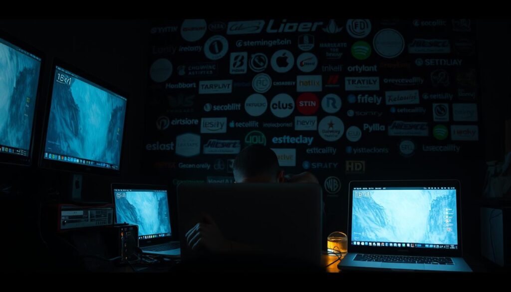 A dimly lit room, the glow of multiple screens casting an eerie light on the face of a figure hunched over a laptop. Cables and devices clutter the desk, a testament to the complexity of the illegal streaming ecosystem. In the background, a jumble of logos and branding from various streaming services, hinting at the web of illicit content providers. The scene conveys a sense of secrecy and the clandestine nature of the activity, with a moody, noir-esque atmosphere. Carefully crafted lighting emphasizes the shadows and highlights the intricate details of the setup, creating a visually striking and thought-provoking image.