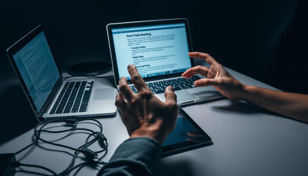 A dimly lit workspace with a laptop, tablet, and various cables scattered across the surface. The user's hands are visible, gesturing as they navigate through troubleshooting steps on the screen. A sense of concentration and problem-solving fills the scene, with subtle lighting casting shadows and highlighting the focus on the task at hand. The background is slightly blurred, emphasizing the central action, while still providing context with minimal distractions. An atmosphere of thoughtful determination pervades the image, conveying the process of resolving common IPTV issues.