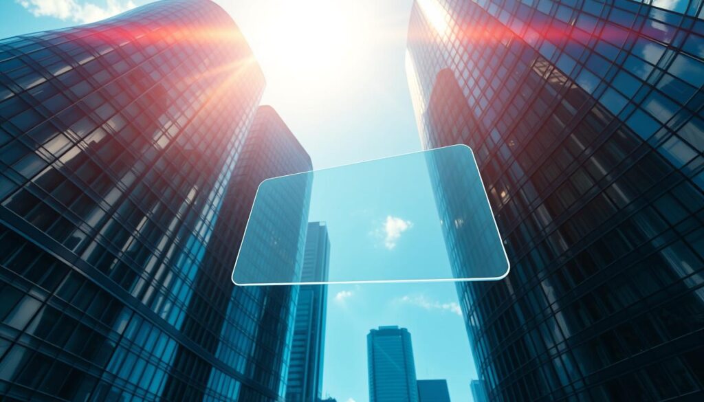 A futuristic cityscape with towering glass skyscrapers, their facades reflecting the azure sky. Sunlight glints off the sleek, curved surfaces, creating a shimmering, kaleidoscopic effect. In the foreground, a sleek, minimalist device hovers, its transparent display blending seamlessly with the surrounding architecture. This is the Sky Glass, a revolutionary IPTV technology that merges cutting-edge hardware and software, offering a seamless, immersive viewing experience. The scene conveys a sense of technological elegance and innovation, hinting at the advanced capabilities of this "sky glass" system.