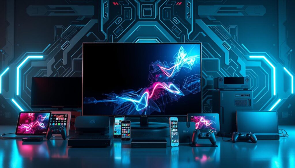 A futuristic, high-tech arrangement of various smart devices and electronics, showcasing the compatibility and connectivity of Dutch IPTV. In the foreground, a sleek, minimalist TV set displays a vibrant, high-definition image. Surrounding it, an array of devices such as tablets, smartphones, streaming boxes, and game consoles are neatly arranged, connected by glowing, holographic cables. The middle ground features a high-contrast, machine-inspired backdrop, with geometric patterns and metallic accents. The lighting is cool and evenly distributed, creating a sense of technological harmony. The overall composition conveys the seamless integration and versatility of Dutch IPTV across a diverse range of modern, compatible devices.