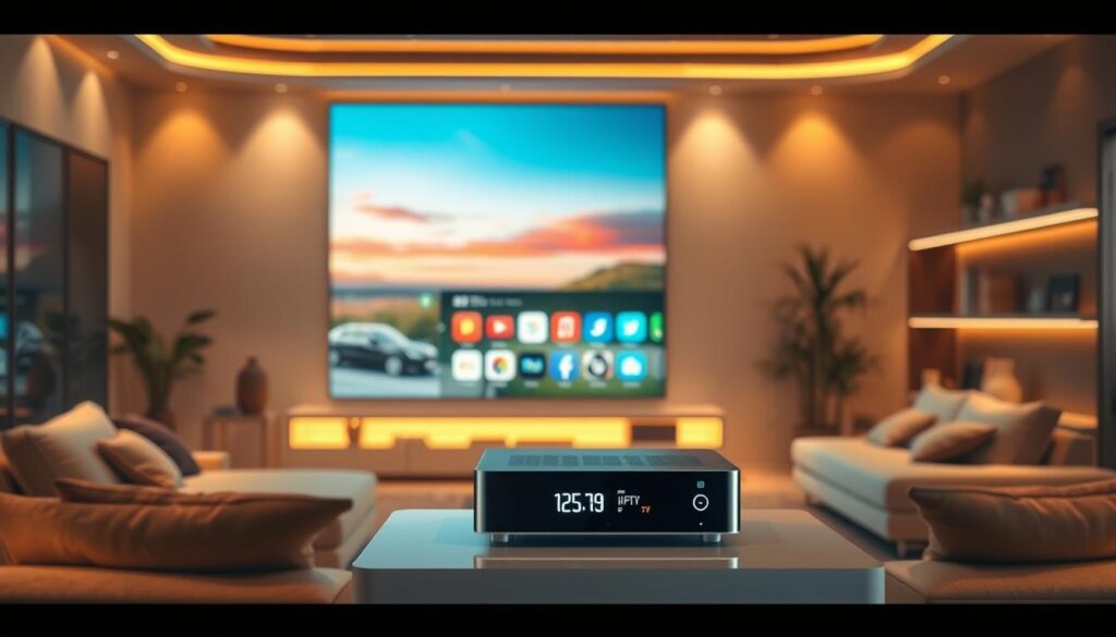 A futuristic living room with a sleek, modern IPTV system taking center stage. The room is bathed in warm, soft lighting, creating a cozy and inviting atmosphere. The IPTV device is prominently displayed, showcasing its intuitive interface and a wide range of entertainment options. In the background, a large, high-resolution display seamlessly blends with the room's décor, hinting at the immersive viewing experience IPTV offers. The overall scene conveys a sense of technological advancement and the promise of a more connected, personalized, and enjoyable television experience.