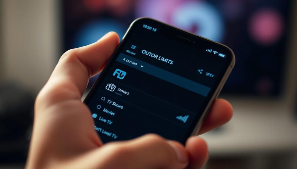 A high-quality close-up photograph of a smartphone screen displaying the Outer Limits IPTV service interface. The screen shows the main menu, featuring prominent sections like "Movies", "TV Shows", and "Live TV". The interface has a sleek, modern design with a dark color scheme and bold, legible typography. The smartphone is held in a hand, partially visible in the frame, creating a sense of real-world usage. The lighting is soft and diffused, highlighting the screen's details and creating a warm, inviting atmosphere. The background is slightly blurred, placing the focus entirely on the Outer Limits IPTV app.