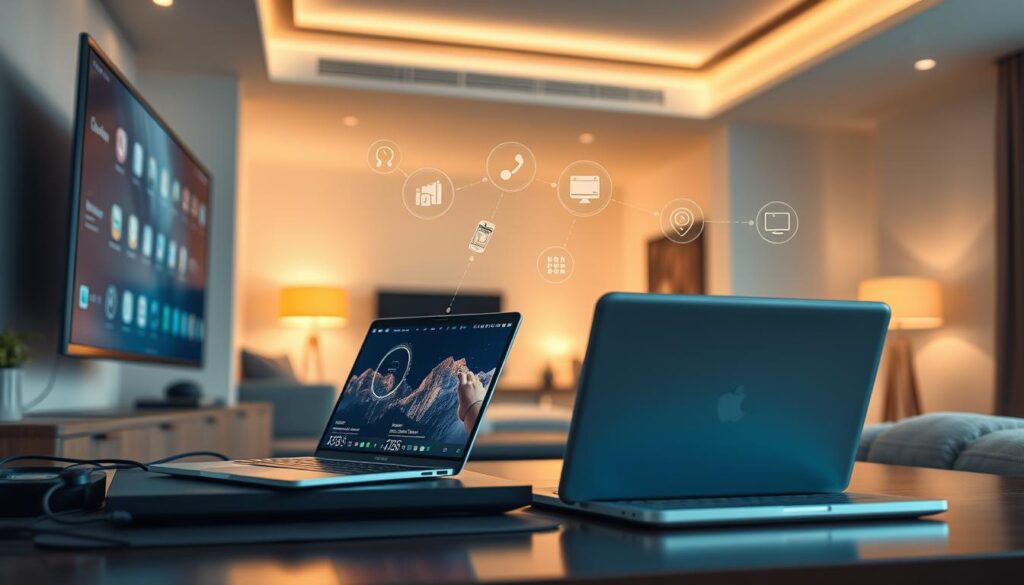 A high-quality, detailed image of various electronic devices including a smart TV, laptop, smartphone, and tablet seamlessly connected and communicating with each other, set against a modern, minimalist interior design backdrop with warm lighting and clean lines. The devices should be prominently featured, with a focus on their sleek, futuristic aesthetic and the sense of compatibility and interconnectivity between them. The overall mood should convey a sense of technological sophistication, efficiency, and the seamless integration of devices in a contemporary living space.