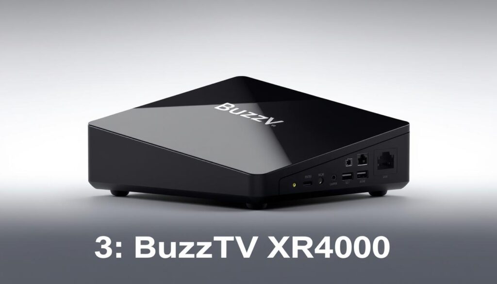 A high-quality, detailed rendering of the BuzzTV XR4000 IPTV box, showcased against a clean, minimalist backdrop. The device is positioned centrally, illuminated by soft, diffused lighting that accentuates its sleek, angular design and glossy black finish. The front panel features the prominent BuzzTV logo, while the sides and rear reveal the various ports and connectivity options. The image conveys a sense of modern, sophisticated technology, perfectly suited to illustrate the "3. BuzzTV XR4000" section of the "5 Best Streaming Devices for IPTV Experience" article.