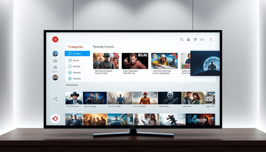 A high-quality, high-definition image of a modern IPTV content management interface. The foreground features a sleek, intuitive dashboard displaying various content categories, genres, and parental control options. The middle ground showcases a grid of popular live TV channels and on-demand video titles, with clear thumbnails and descriptions. The background depicts a minimalist, technology-inspired environment with subtle lighting effects and clean, geometric shapes. The overall composition conveys a sense of power, simplicity, and comprehensive control over the IPTV viewing experience.