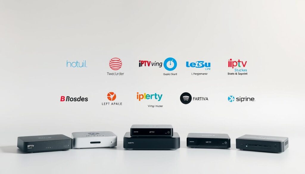 A high-quality image of several IPTV service providers in the Netherlands, showcased in a modern, minimalist design. The foreground depicts various IPTV set-top boxes and streaming devices, each with a distinct branding and design. The middle ground features logos and icons representing popular IPTV service providers, arranged in a clean, organized layout. The background is a soft, neutral gradient, creating a visually appealing and professional atmosphere. The lighting is subtle and diffused, highlighting the products and branding while maintaining a sense of balance and cohesion. The overall composition conveys a sense of authority, reliability, and technological sophistication in the IPTV industry within the Netherlands.