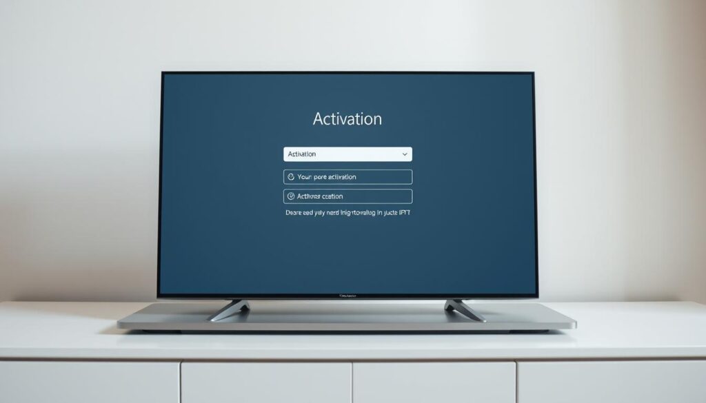 A high-resolution, detailed image of an IPTV activation screen. The screen is displayed on a modern, sleek device with a minimalist design, set against a soft, blurred background. The activation process is showcased with clear button controls, icons, and input fields. The lighting is neutral and natural, highlighting the screen's interface elements. The overall mood is one of simplicity and ease of use, reflecting the straightforward nature of the IPTV activation process.