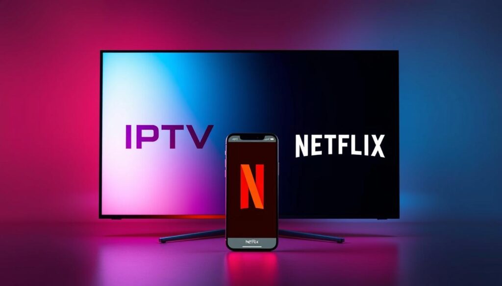 A minimalist, abstract composition depicting the visual and functional differences between IPTV and Netflix. In the foreground, a sleek, modern television screen displaying the IPTV logo, bathed in a cool, blue-tinged lighting. In the middle ground, a smartphone screen showcasing the Netflix logo, illuminated by a warm, orange-hued glow. The background is a simple, gradient-filled environment, creating a sense of depth and contrast between the two distinct media platforms. The overall atmosphere is one of technological sophistication and visual harmony, inviting the viewer to explore the nuances that distinguish these two streaming services.