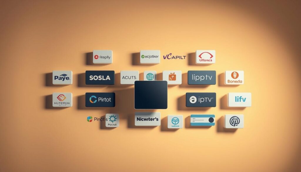 A minimalist yet visually striking composition of various IPTV providers, displayed in an organized grid layout. The providers' logos and icons are rendered in a sleek, modern style with a subtle 3D effect, conveying a sense of professionalism and reliability. The background is a muted, warm-toned gradient, allowing the provider elements to take center stage. Carefully balanced lighting casts gentle shadows, creating depth and dimension. The overall mood is one of technological sophistication and informed decision-making, perfectly suited to illustrate the section on "Hoe kies je de beste IPTV-provider?".