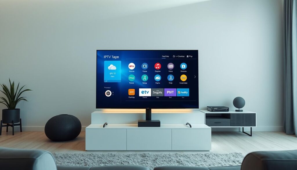 A modern, high-tech IPTV application interface displayed on a sleek, flat-screen television set. The app features a clean, intuitive design with vivid icons, smooth animations, and a responsive user experience. The interface is backlit with a soft, ambient glow, creating a sophisticated atmosphere. The television is positioned in a minimalist, well-lit living room setting, with subtle hints of modern furniture and decor in the background. The overall scene conveys a sense of advanced technology seamlessly integrated into a comfortable, stylish home environment.