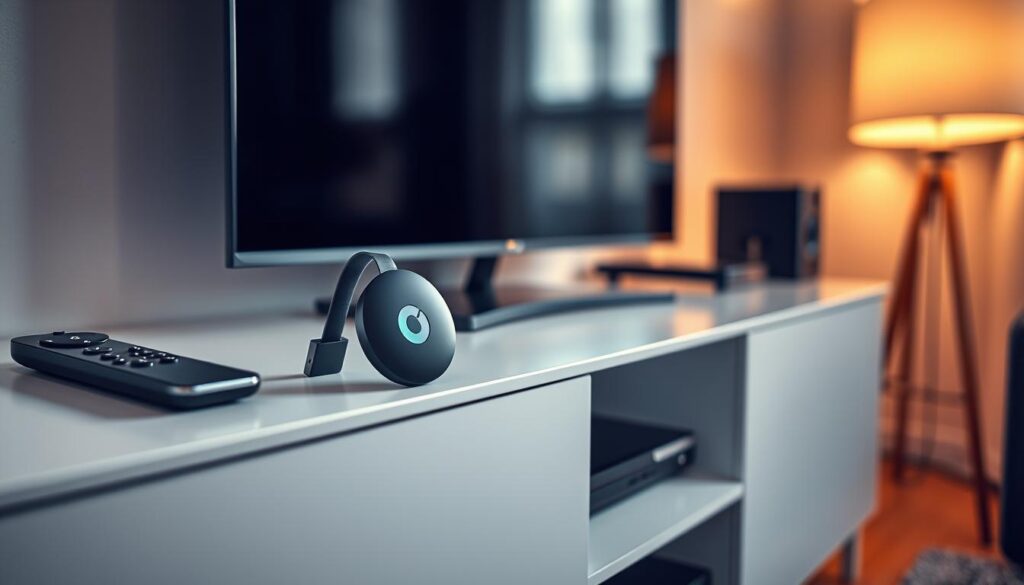 A modern home entertainment setup featuring a sleek black Chromecast device prominently displayed on a minimalist white media console. The Chromecast's interface is illuminated, indicating an active IPTV Smarters Pro connection. Surrounding the Chromecast are various media accessories like remote controls and streaming device peripherals, all neatly arranged. Soft, warm lighting from a nearby lamp creates a cozy, inviting atmosphere, perfectly complementing the high-tech, contemporary aesthetic. The image captures the seamless integration of cutting-edge IPTV technology into a stylish, functional living space.