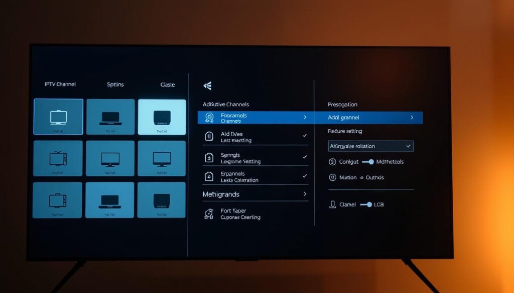 A modern, minimalist digital interface showcasing various IPTV channel icons, symbols, and controls. The foreground features a clean grid layout with sleek channel thumbnails, while the middle ground displays intuitive settings and configuration options. The background has a subtle gradient, providing a sense of depth and technical sophistication. Warm, muted lighting creates a calming, professional atmosphere, highlighting the ease and precision of the IPTV channel addition process. The overall composition conveys a user-friendly, streamlined experience for optimizing one's IPTV service.