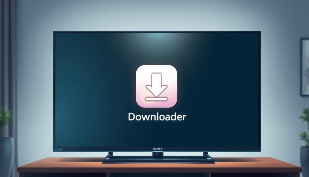 A modern, minimalist illustration showcasing a smart TV screen, with the Downloader app prominently displayed in the center. The screen is well-lit, with a soft, warm glow emanating from the TV. The app icon is clean and simplified, inviting the user to interact. In the background, a subtle blur effect suggests a living room or home theater setting, creating a sense of context. The overall composition conveys a user-friendly, accessible experience for installing IPTV on a Sony Smart TV.