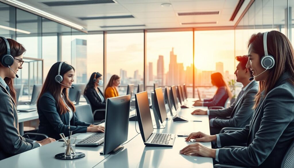 A modern, well-equipped office space with a team of friendly, knowledgeable customer service representatives providing 24/7 technical support. The foreground shows a group of people in business attire assisting customers over the phone and computer screens, creating an atmosphere of efficiency and reliability. The middle ground features sleek, minimalist furniture and decor, conveying a sense of professionalism. The background showcases large windows overlooking a bustling city skyline, suggesting a well-connected, accessible location. Soft, warm lighting and a calm, reassuring color palette contribute to an overall impression of trustworthiness and unwavering commitment to customer satisfaction.