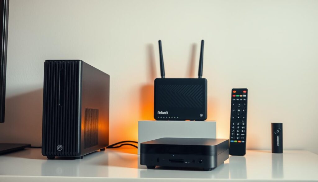 A neatly arranged set of essential hardware and software components for a Plex media server setup. In the foreground, a modern desktop computer or mini PC with a sleek, minimalist design, situated on a clean, uncluttered desk. In the middle ground, a high-capacity external hard drive, a network router, and a smart TV remote, all accented by warm, indirect lighting. In the background, a simple, neutral-toned wall provides a clean, complementary backdrop. The overall atmosphere conveys a sense of organization, efficiency, and the seamless integration of technology into a modern home entertainment setup.