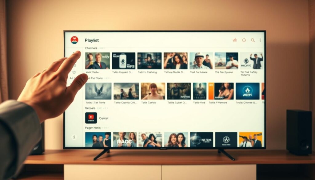 A neatly organized IPTV playlist interface dominates the frame, showcasing a clean and intuitive user experience. In the foreground, a user's hand hovers over the playlist, effortlessly navigating through meticulously categorized channels and content. The middle ground features a sleek, minimalist design aesthetic with muted tones, allowing the playlist to take center stage. The background subtly blurs, drawing the viewer's attention to the core functionality of managing and customizing the IPTV experience. Warm, soft lighting illuminates the scene, creating a welcoming and user-friendly atmosphere. The overall composition conveys a sense of control and personalization, reflecting the section's focus on adding and managing one's own IPTV playlist.