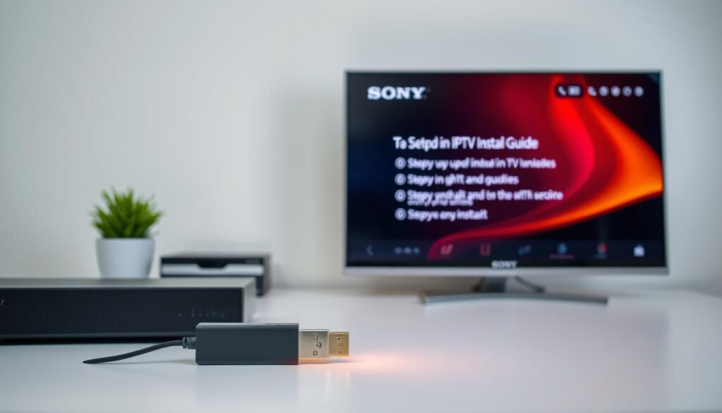A neatly organized desk with a Sony Smart TV and a USB drive, set against a clean, minimalist background. The USB drive sits prominently in the foreground, illuminated by soft, diffused lighting that casts a warm, inviting glow. The TV screen displays a step-by-step guide on IPTV installation, its interface clean and intuitive. The overall scene conveys a sense of simplicity and ease, reflecting the straightforward nature of the IPTV setup process.