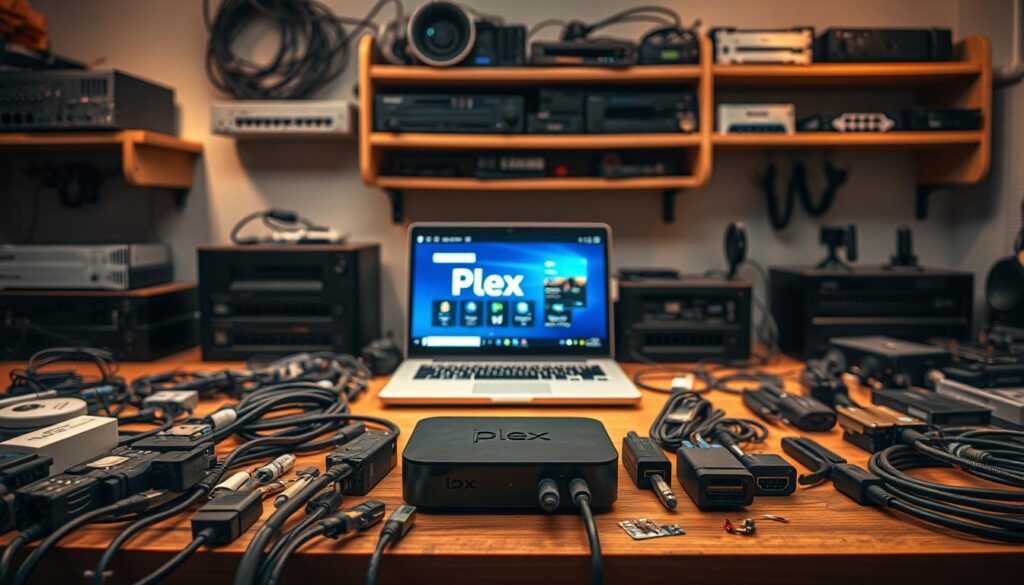 A neatly organized workbench with an array of tools and equipment for configuring a Plex IPTV setup. In the foreground, various cables, adapters, and small electronic components are arranged with precision. The middle ground showcases a sleek, modern IPTV box and a laptop displaying Plex's interface. In the background, shelves hold networking gear, external hard drives, and other media accessories. The lighting is warm and focused, creating a cozy, productive atmosphere. The overall composition conveys the technical expertise and attention to detail required for a seamless Plex IPTV configuration.