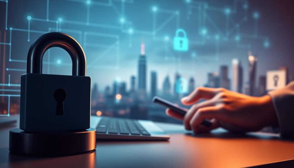 A secure, digital streaming environment with a focus on privacy and user protection. In the foreground, a padlock symbol represents the encrypted connection, while in the middle, a user's hand interacts with a streaming device, conveying the ease of accessing content. The background features a city skyline, suggesting the global reach and accessibility of the streaming platform. The lighting is soft and warm, creating a sense of comfort and reliability. The camera angle is slightly elevated, providing an overview of the scene and emphasizing the integration of security and convenience in the streaming experience.