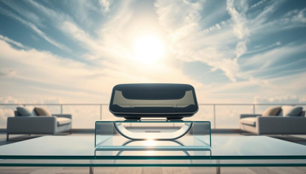 A serene sky filled with wispy clouds, the sun's warm glow filtering through. In the foreground, a sleek and modern Sky Glass device sits atop a minimalist glass table, its elegant lines and reflective surface capturing the scene above. The middle ground features a clean, minimalist living space, with neutral tones and simple furnishings that allow the Sky Glass to be the focal point. Soft, directional lighting illuminates the scene, creating a sense of depth and emphasizing the device's premium design. The overall atmosphere is one of modern sophistication and technological integration, perfectly suited to showcase the key features of the Sky Glass platform.