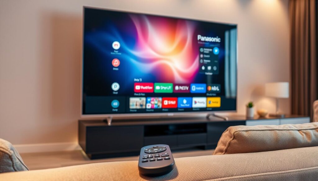 A sleek Panasonic smart TV, its screen illuminated by the vibrant colors of an IPTV interface. The device stands prominently in the frame, its glossy black exterior reflecting the warm lighting of the living room. In the foreground, a remote control rests on a plush, neutral-toned sofa, ready to navigate the TV's menus. The background features a minimalist, modern decor, with clean lines and neutral tones that complement the TV's design. The overall scene conveys a sense of seamless technology integration and a comfortable, stylish living space.