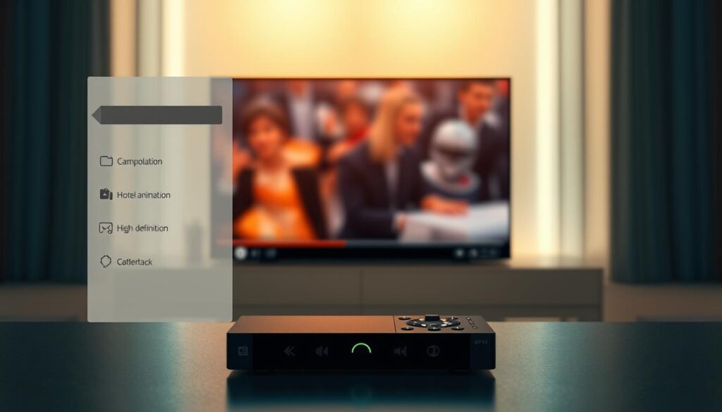 A sleek and intuitive interface for a IPTV player, designed for optimal user experience on an NVIDIA Shield. The foreground features a clean, minimalist layout with large, well-organized menu options and playback controls. Subtle hover animations and smooth transitions create a responsive, modern feel. The middle ground showcases a crisp, high-definition video player with accurate color representation and deep blacks. In the background, a softly blurred, ambient environment evokes a sense of calm and focus, allowing the user to immerse themselves in the content. Warm, balanced lighting from above casts a gentle glow, while a shallow depth of field draws the eye to the central interface elements. The overall impression is one of sophistication, reliability, and ease of use - a perfect companion for IPTV viewing on the NVIDIA Shield.