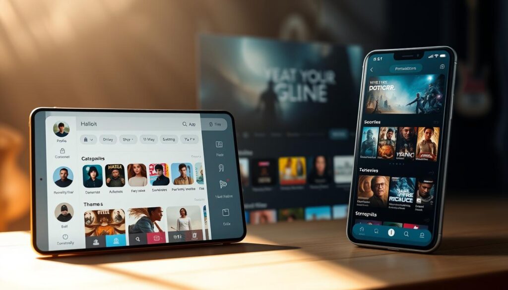 A sleek and intuitive streaming app interface with a focus on personalization options. The foreground showcases a clean, modern dashboard featuring customizable user profiles, recommendation algorithms, and theme settings. The middle ground highlights various media content thumbnails, seamlessly integrated with the app's personalization tools. The background subtly suggests the app's broad content library, with hints of movie, TV, and music categories. The lighting is soft and diffused, creating a warm, inviting atmosphere. The overall composition emphasizes the app's user-centric design and the empowering nature of its personalization features.