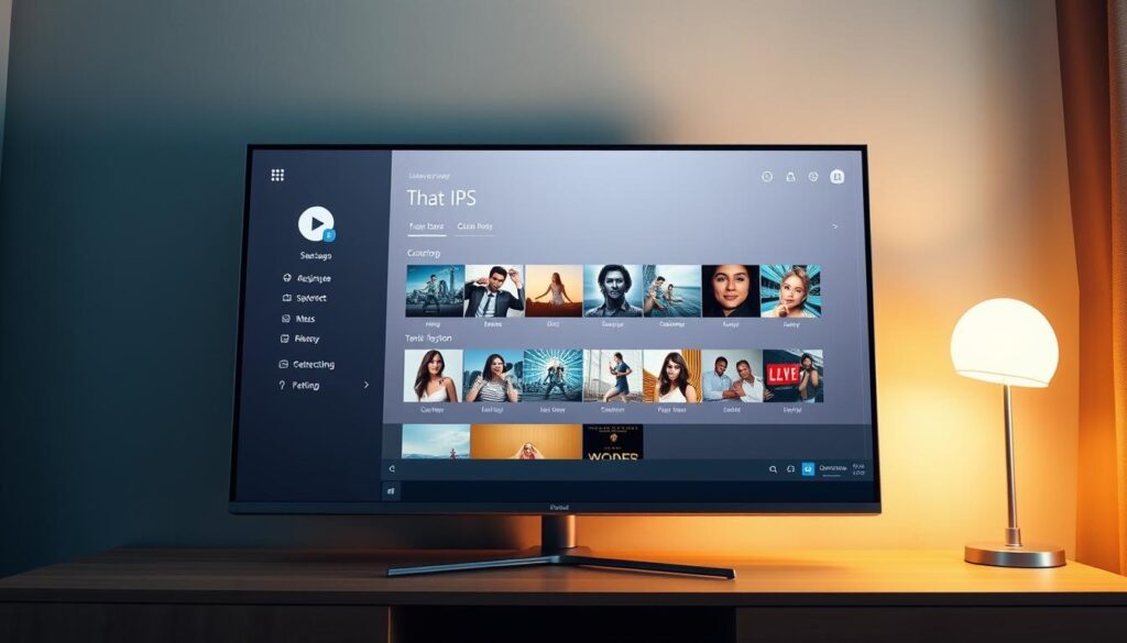 A sleek and modern IPTV player interface displayed on a large, high-resolution Windows desktop screen. The player's layout features a clean, minimalist design with intuitive controls and a visually appealing media library. Soft, natural lighting illuminates the scene, creating a warm and inviting atmosphere. The player's user experience is both user-friendly and visually engaging, highlighting the advantages of IPTV technology on the Windows platform.