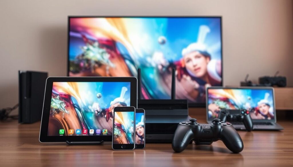 A sleek and modern arrangement of various electronic devices, showcasing their compatibility with an IPTV app. In the foreground, a smart TV, tablet, and smartphone are neatly displayed, their screens illuminated with vibrant, high-definition visuals. The middle ground features a laptop and gaming console, their connectivity seamlessly integrated. In the background, a network router and peripheral devices hint at the robust infrastructure supporting the IPTV experience. The lighting is soft and warm, creating a welcoming and technology-driven atmosphere. The composition is balanced and visually appealing, emphasizing the harmony and versatility of the compatible devices.