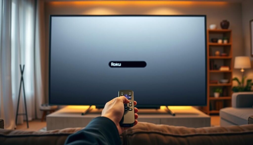 A sleek, flat-screen Roku TV sits prominently in the foreground, its minimalist design and muted gray tones creating a clean, modern aesthetic. The TV screen displays a simple home screen, inviting the viewer to explore the IPTV setup process. In the middle ground, a user's hands deftly navigate the Roku remote, seamlessly guiding the interface. The background features a warm, softly lit living room, with subtle hints of décor and cozy furnishings, conveying a sense of comfortable domesticity. Illuminated by a mix of natural and ambient lighting, the scene radiates a welcoming, immersive atmosphere, perfectly capturing the step-by-step experience of adding IPTV to a Roku TV.