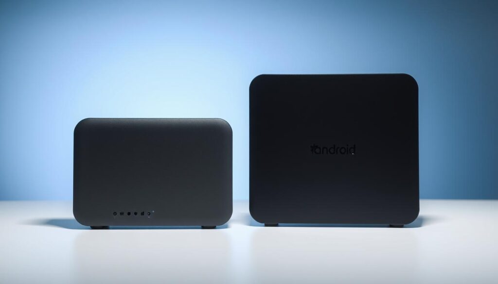 A sleek, modern IPTV box and an advanced Android TV box stand side by side on a minimalist, well-lit table. The IPTV box has a clean, rectangular design with discreet ports, while the Android TV box features a more angular, contemporary aesthetic. In the background, a gradient of cool blues and grays creates a high-tech, professional atmosphere. The two devices are framed in a way that encourages visual comparison, highlighting their distinct designs and capabilities. Subtle shadows and reflections add depth and realism to the scene, inviting the viewer to closely examine the key differences between these two popular streaming solutions.