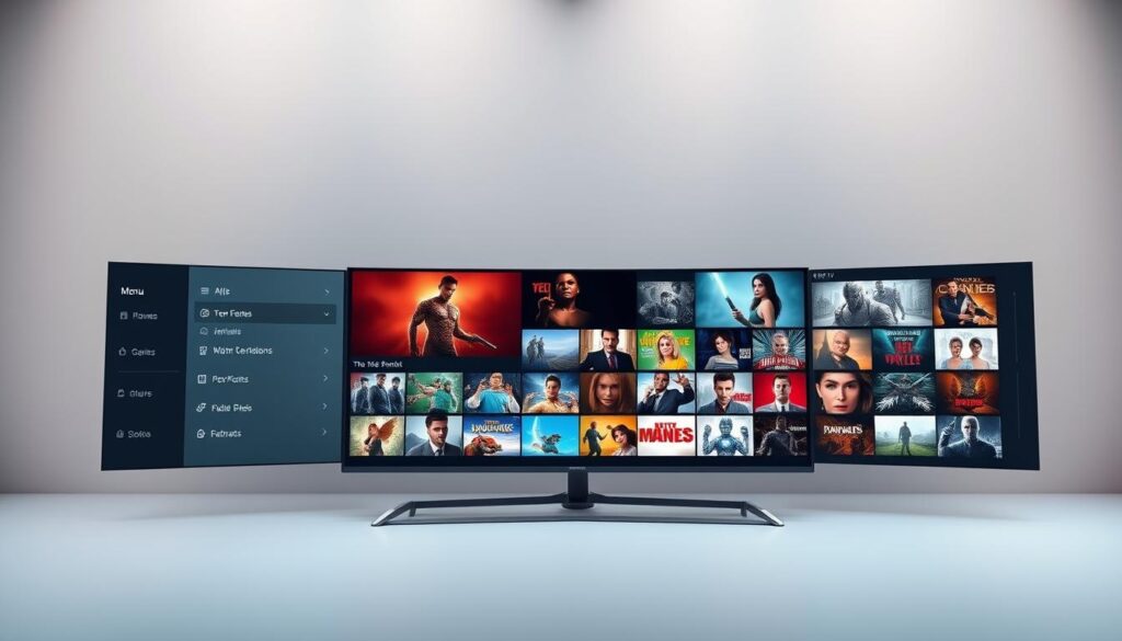 A sleek, modern IPTV user interface with a clean, minimalist design. The foreground features a streamlined menu navigation system with intuitive icons and labels. The middle ground showcases vibrant, high-definition content thumbnails in a neatly organized grid layout. The background has a subtle, gradient-based color scheme that exudes a sense of sophistication and elegance. Soft, diffused lighting creates a warm, inviting atmosphere, while the camera angle provides a comprehensive, user-centric perspective. The overall impression is of a stunningly designed, highly functional and visually appealing IPTV application tailored for the NVIDIA Shield platform.