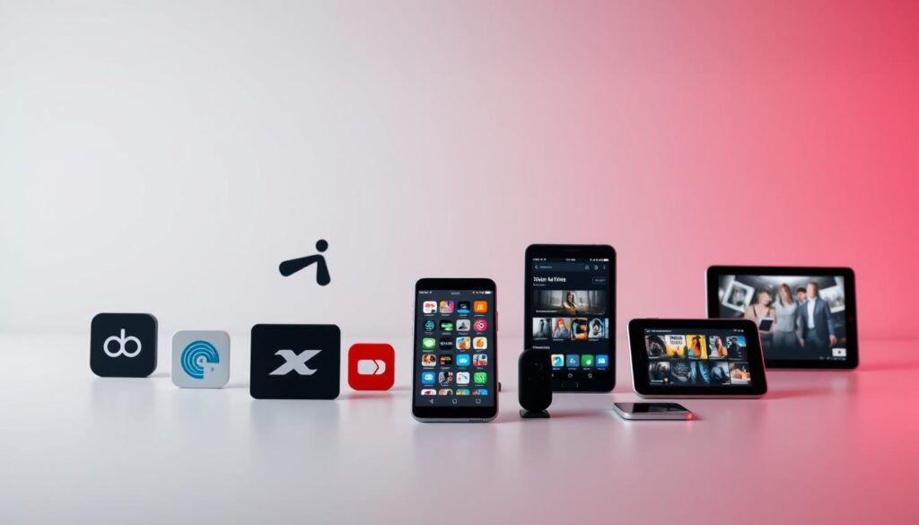 A sleek, modern composition showcasing a side-by-side comparison of popular streaming service platforms. The foreground features elegant app icons and logos, subtly arranged to highlight their unique branding and features. The middle ground depicts a series of smartphones and tablets, their screens displaying various streaming content, creating a sense of interactivity. The background is a minimalist, gradient-driven environment, setting a calm and professional tone. Soft, directional lighting emphasizes the depth and hierarchy of the scene, while a clean, uncluttered layout allows the viewer to focus on the comparative details of the streaming services.