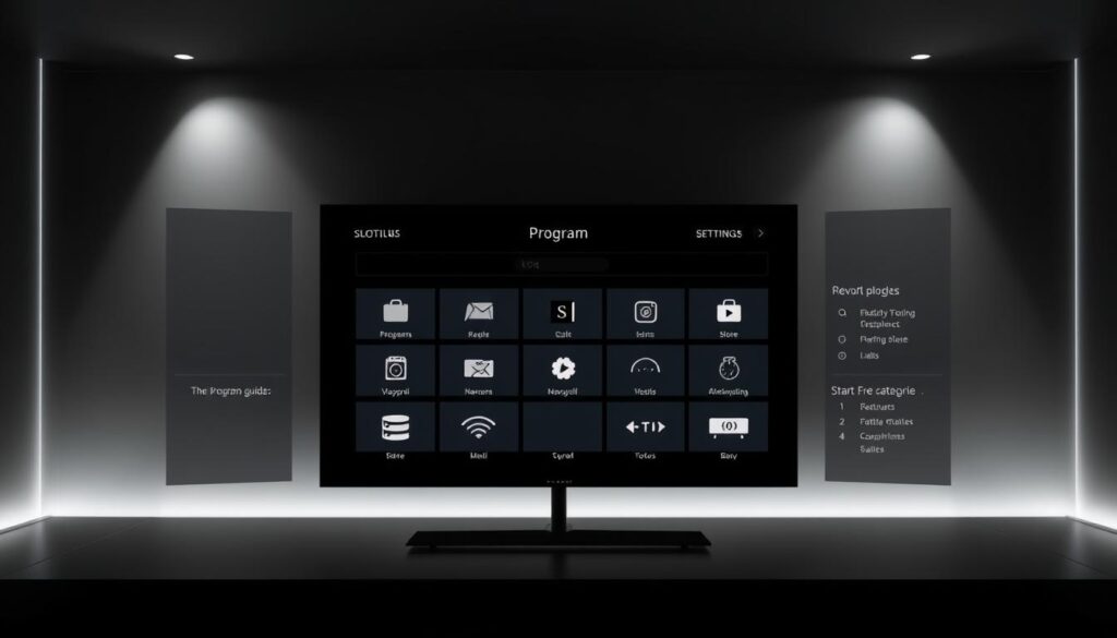 A sleek, modern electronic program guide for a premium IPTV service. The UI features a minimalist, high-contrast design with clean typography and elegant iconography. The layout is divided into a central program grid, surrounding sidebars displaying categories and settings. Subtle lighting creates depth and highlights the interface elements. The color scheme is muted, with shades of grey, black, and occasional pops of brand color. The overall aesthetic conveys a sense of sophistication and technical proficiency, befitting a premium IPTV offering.