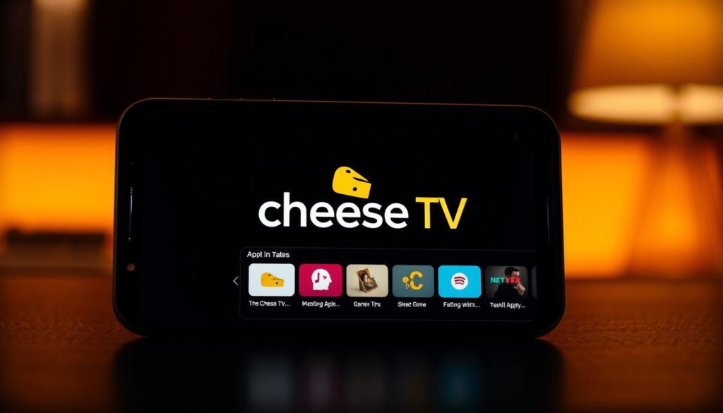 A sleek, modern mobile device screen displaying the Cheese TV IPTV app's intuitive interface. The app's vibrant logo and minimalist design elements command attention, inviting the user to explore its features. The screen is bathed in a soft, warm lighting, creating a welcoming and professional atmosphere. The layout is well-organized, with clear navigation menus and high-quality icons, reflecting the app's user-friendly nature. The overall image conveys a sense of technological sophistication and the app's ability to deliver a seamless IPTV experience.