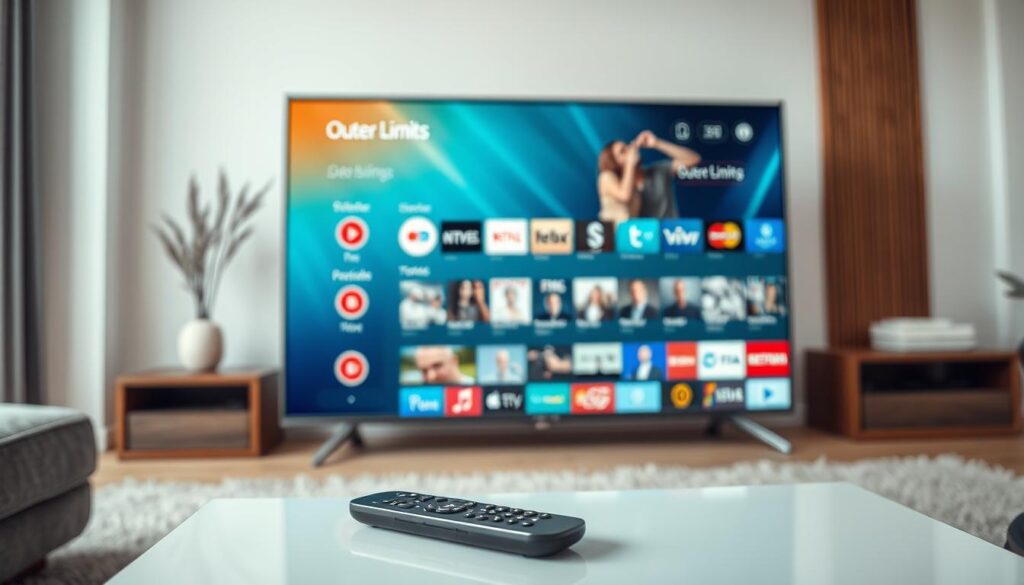 A sleek, modern smart TV displaying the Outer Limits IPTV interface, showcasing its robust streaming capabilities and seamless integration within the Dutch entertainment landscape. The screen's vibrant colors and intuitive layout draw the viewer's attention, highlighting the service's user-friendly design and extensive content library. In the foreground, a minimalist and stylish remote control complements the overall aesthetic, suggesting the convenience and simplicity of navigating the Outer Limits IPTV platform. The background features a clean, minimalist room interior, with subtle hints of Dutch design elements, such as wooden accents, to reinforce the service's integration within the local market. The overall composition conveys a sense of technology, sophistication, and the versatility of Outer Limits IPTV in the Netherlands.