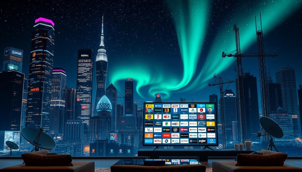 A sprawling cityscape at night, with towering skyscrapers illuminated by a dazzling array of international television channel logos. In the foreground, a sleek, modern living room setup with a large flatscreen TV displaying a diverse selection of global programming. The middle ground features satellite dishes and broadcasting towers, symbolizing the infrastructure that brings these channels to viewers worldwide. In the background, a night sky filled with twinkling stars and the Northern Lights, creating a sense of global connectivity. The scene is bathed in a warm, cinematic glow, conveying a sense of comfort, entertainment, and cultural diversity.