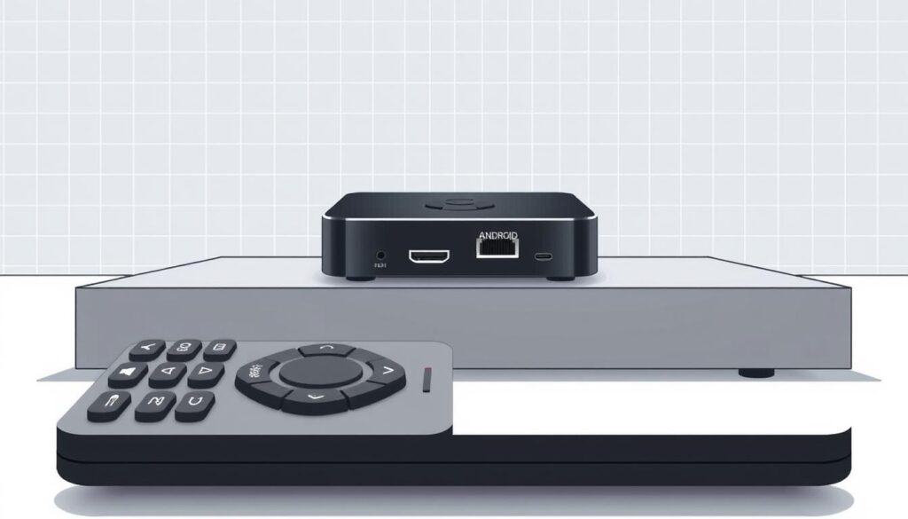 A step-by-step guide for recording IPTV on an Android box, depicted in a clean, minimal illustration. In the foreground, an Android TV remote control with clearly labeled buttons for navigation and recording. The middle ground shows an Android box with prominent ports and connections. The background features a subtle grid or wireframe pattern, conveying a sense of technology and digital media. The lighting is soft and even, creating a calm, informative atmosphere. The camera angle is slightly elevated, providing a clear, unobstructed view of the setup. The overall composition is well-balanced, with a focus on the key elements necessary for the IPTV recording process.