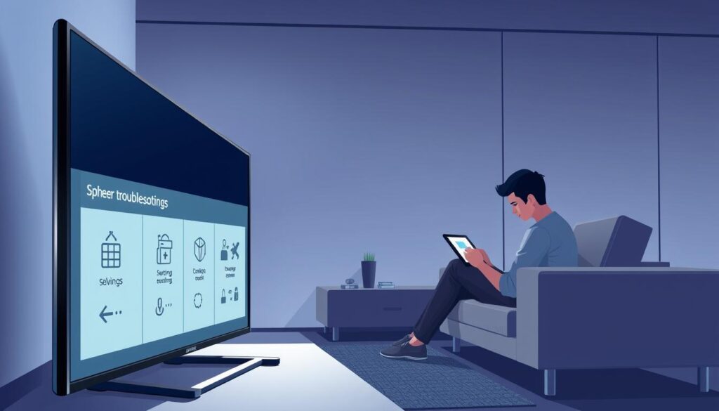 A stylized digital illustration showcasing practical troubleshooting tips for a Samsung Smart TV. The foreground displays a close-up view of a sleek, modern TV set with a glowing screen, showcasing various troubleshooting icons and symbols. The middle ground depicts a person sitting on a couch, intently examining the TV's settings on a tablet. The background features a minimalist, high-tech interior with clean lines and subtle lighting, reinforcing the sophisticated, tech-savvy atmosphere. The image conveys a sense of problem-solving, with a focus on providing clear, step-by-step guidance to the viewer. The overall tone is professional, informative, and visually compelling.
