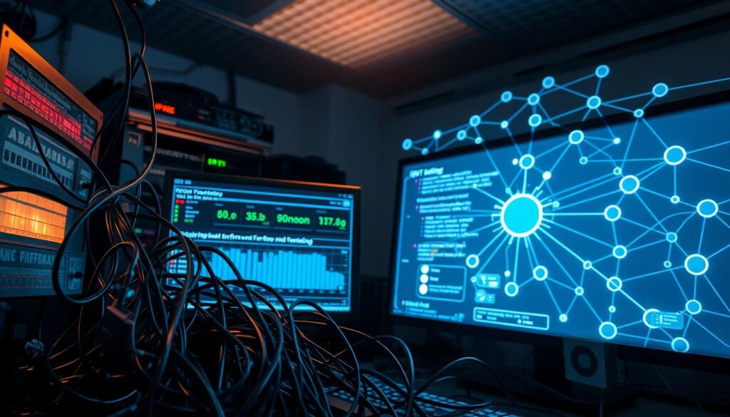 A technician's workstation, illuminated by the glow of multiple computer screens. In the foreground, a tangled web of cables and networking equipment symbolizes the complexities of troubleshooting IPTV issues. The middle ground features a diagnostic interface, displaying metrics and error messages that the technician must decipher to identify and resolve the "buffering en vertraging" problem. In the background, a wireframe visualization of a network topology provides context, hinting at the interconnected nature of IPTV systems. The overall scene conveys a sense of concentrated problem-solving, with the technician's expertise and attention to detail being the key to unraveling the IPTV conundrum.