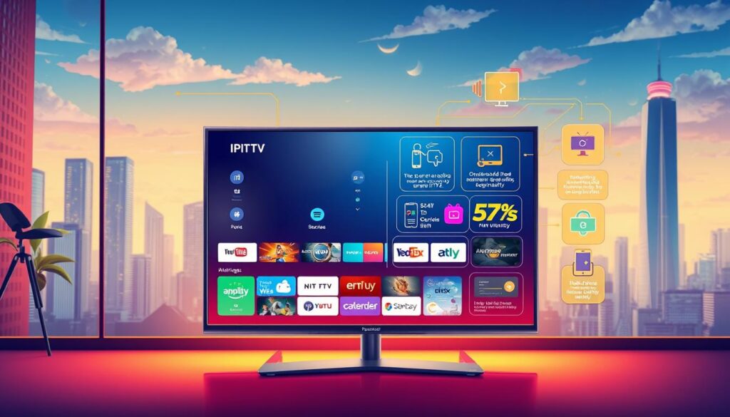 A vibrant and modern illustration depicting the key advantages of IPTV. In the foreground, a sleek smart TV screen showcases a range of content and services, illuminated by soft, warm lighting. In the middle ground, colorful icons and infographic elements highlight IPTV's benefits, such as on-demand streaming, multi-device compatibility, and improved video quality. The background features a cityscape with high-rise buildings, symbolizing the wide availability and accessibility of IPTV technology. The overall composition conveys a sense of technological advancement, convenience, and the future of home entertainment.